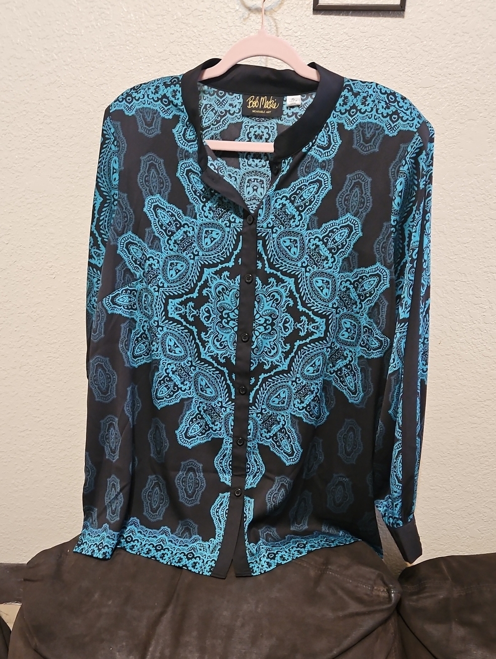Bob Mackie Black and Teal Medallion Print Button-Up Blouse